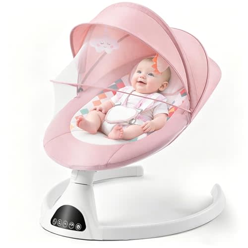 Soobaby Baby Swing for Infants,Electric Swing for Babies,Portable Swing for Baby Boy Girl,Remote Control Indoor Baby Rocker with 5 Sway Speeds,Music and Bluetooth,Dark Pink