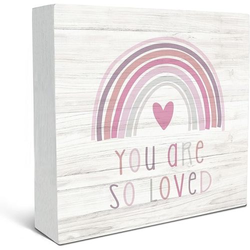 SRADMO You Are So Loved Rainbow Heart Wood Box Sign Desk Decor, Pink Decor Kids Inspirational Quotes Wooden Block Box Sign Decoration for Kids Room Nursery Playroom Shelf Table Decorative Accessories