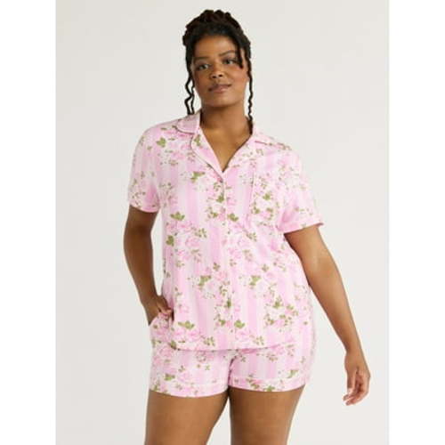 Joyspun Women’s Dreamy Soft Collection Bridal Short Sleeve Knit Notch Collar Top and Shorts Pajama Set, 2-Piece, Sizes XS-3X