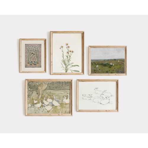 Set of 5 Vintage Nursery Prints – Duck, Sheep, Wildflower, Textile & French Oil Painting, Sage Green Farm Nursery Decor
