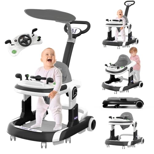 Baby Walker, 5 Modes Foldable Baby Walker with Wheels, Music, 4-Height Baby Toddler Walker with Push Handle, Baby Bouncer, Food Tray, Sunshade, Baby Walkers for Babies 6-12 Months Boys Girls (Black)