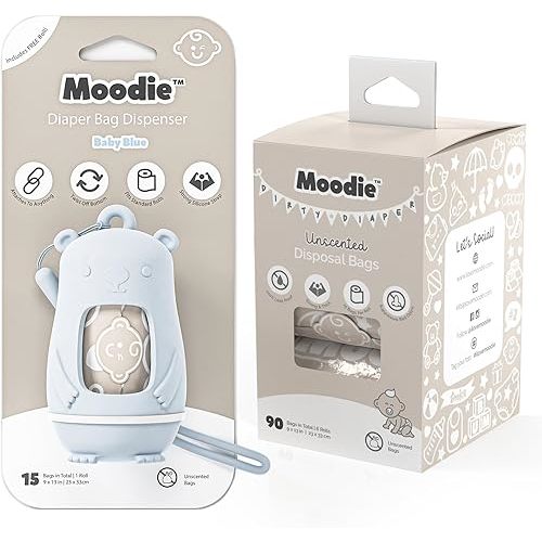 Moodie Teddy Bear Diaper Bag Dispenser w/Silicon Strap (BABY BLUE) & 6 Refill Roll PACK (UNSCENTED - 105 Bags TOTAL) | Diaper Bag Essential Items