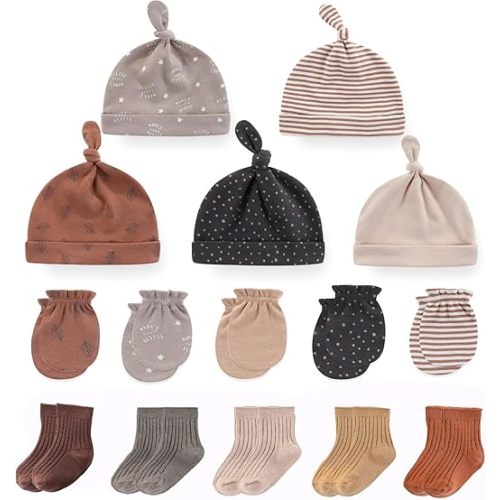 MAMIMAKA Newborn Baby Boy Girl Caps Mittens Socks Set Cotton Baby Essentials Accessories (Hats+Gloves+Socks)