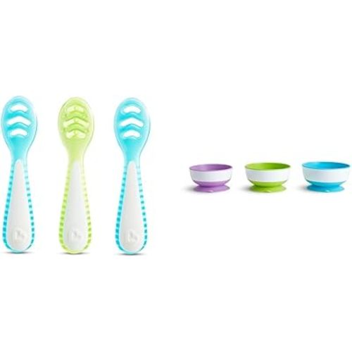 Munchkin® Gentle Dip™ Multistage First Spoon Set for Baby Led Weaning, Self Feeding, Solids & Purees, 3 Pack, Blue/Green & Stay Put™ Suction Bowls for Babies and Toddlers, 3 Pack, Blue/Green/Purple