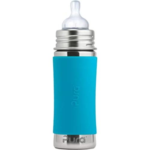 Pura Kiki 9oz/275ml Stainless Steel Infant Bottle w/Sleeve, Anti-Colic, 100% Plastic-Free, MadeSafe Certified, Medical-Grade Silicone, Medium-Flow Nipple, for Babies 3 Months & Up - Aqua