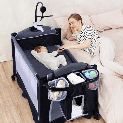 LINLUX Foldable Baby Bedside Crib Bassinet, Infant Pack n Play Playard, Newborn Playpen Changing Table,Dark Gray