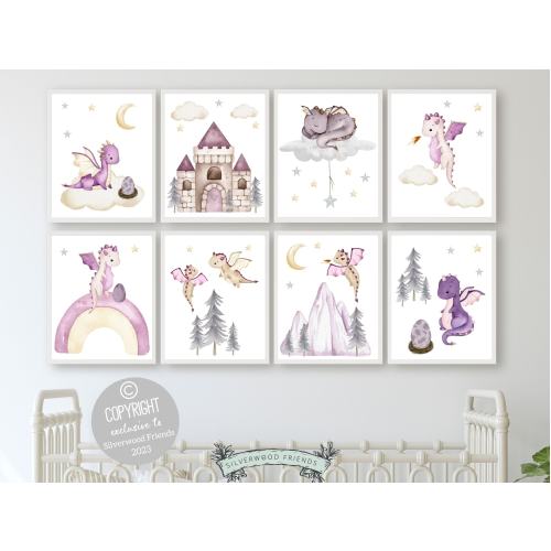 Baby Dragon Nursery Prints Set of 8, Girls Dragon Nursery Decor, Fairytale Dungeons Dragons Nursery Wall Art, Fantasy Nursery Digital Prints