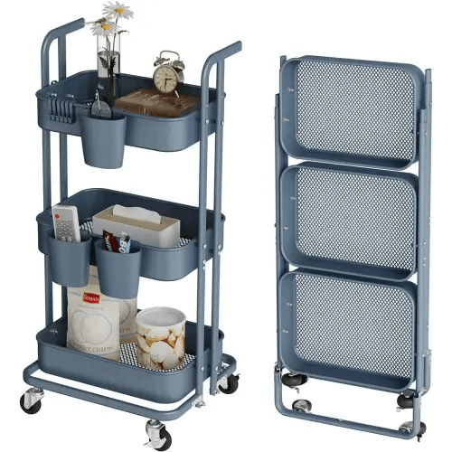 DTK 3 Tier Foldable Rolling Cart, Metal Utility Cart with Lockable Wheels, Folding Storage Trolley for Living Room, Kitchen, Bathroom, Bedroom and Office, Blue