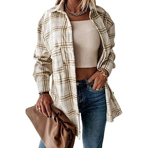 PRETTYGARDEN Women's Fall Clothes Plaid Shacket Jacket Trendy Casual Long Sleeve Button Down Flannel Shirts Fashion Blouse