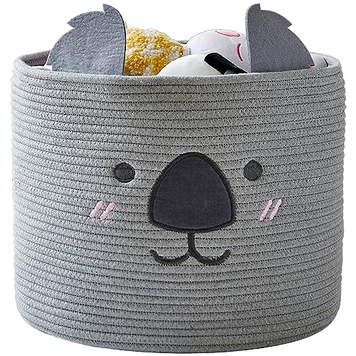 OMERAI Animal Koala Basket, Cute Cotton Rope Woven Large Blanket Basket, Toy Storage for Nursery decor and Laundry Organizer with Handles, baby hamper shower gift, 15" D x 12.6" H, Grey