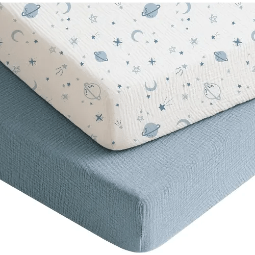 Konssy Muslin Crib Sheets for Boys, Soft Cotton Neutral Baby Sheets for Standard Crib Mattress 2 Pack, 52"x28" (Star,Blue)