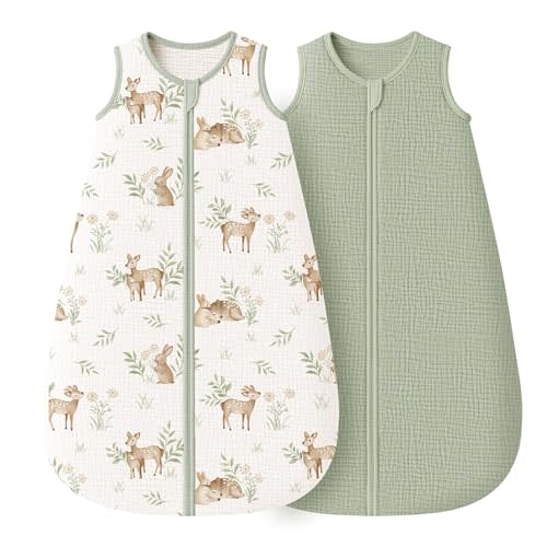 Konssy 2-Pack Muslin Baby Sleep Sack, 0.7 TOG Wearable Blanket for Babies 0–12 Months, Breathable Sleeping Bag Newborn Must Haves for Girls and Boys(Woodland,Sage)