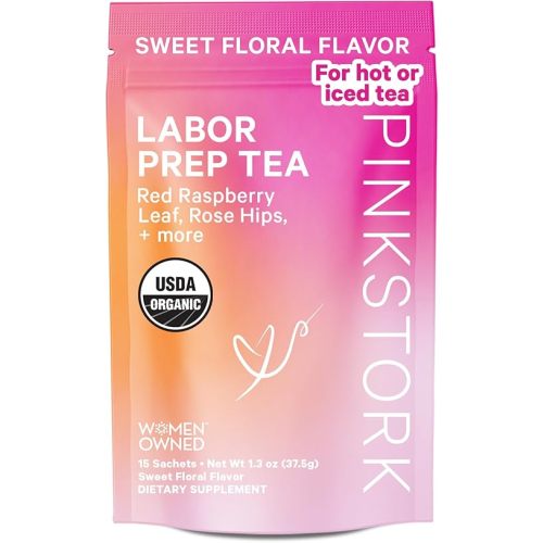 Pink Stork Labor Prep Tea, Organic Red Raspberry Leaf with Chamomile and Rosehip, Caffeine-Free, Pregnancy Must Haves, Labor and Delivery Essentials, Third Trimester Pregnancy - 15 Sachets