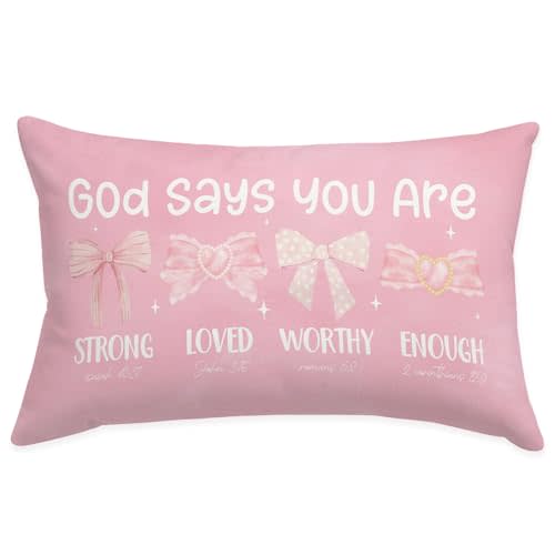 Wheatwin Cute Pink Christian Throw Pillow Cover 12x20, Inspirational Bow Decor for Girls Room Dorm, Christian Pillow Cover Gift for Girls Kids Women, Bible Verse Pink Bows Affirmations Gifts