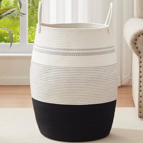 OIAHOMY Laundry Hamper Woven Rope Large Clothes Hamper 25.6" Height Tall Laundry Basket with Extended Handles for Storage Clothes Toys in Bedroom, Bathroom, Foldable (Gradient Dark)