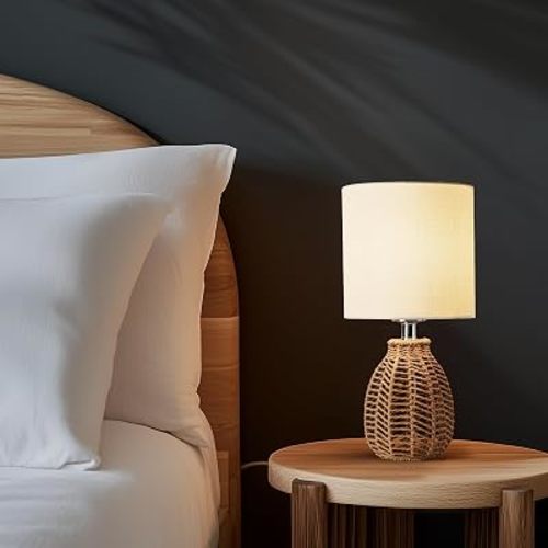 Small Rattan Table Lamp,14.3" Nightstand Bedside Lamp with Linen Fabric Lampshade, Handmake Rattan Base Small Boho Lamp for Bedroom Living Room Home Office