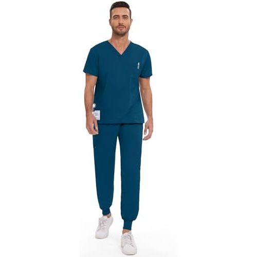 niaahinn Men Scrub Set-Stretch V-Neck Scrub Top & Jogger Pant with 9 Pockets, Yoga Waistband, Anti-Wrinkle Scrubs for Men