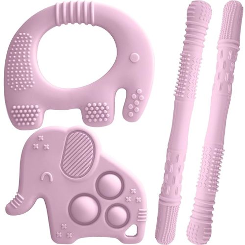 Silicone Baby Teething Toys, Soft Teether Set for Sore Gums, BPA Free Chew Toys for Infants 3+ Months, Textured Teething Relief, Easy Grip Design (Pink)