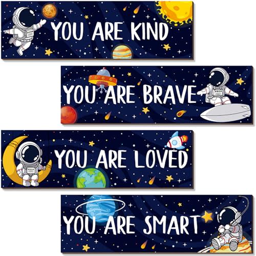 ZIEYOMI 4Pcs Space Room Decor for Kids Boys, Astronaut Bedroom Decor | Motivational Wall Art, Outer Space Posters Spaceman Wooden Sign for Baby Toddler Boy Playroom Nursery Classroom Decorations