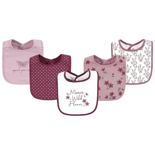 Hudson Baby Infant Girl Cotton Bibs, Plum Wildflower, One Size