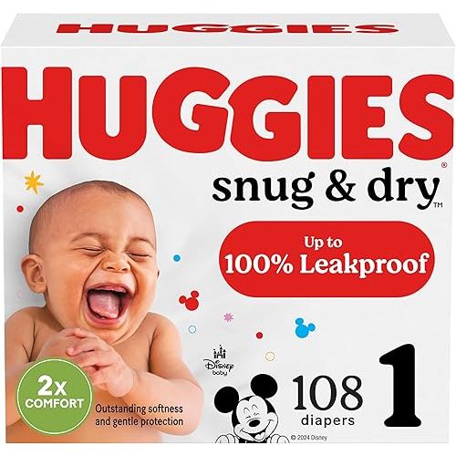 Huggies Size 1 Diapers, Snug & Dry Newborn Diapers, Size 1 (8-14 lbs), 108 Count, Packaging May Vary