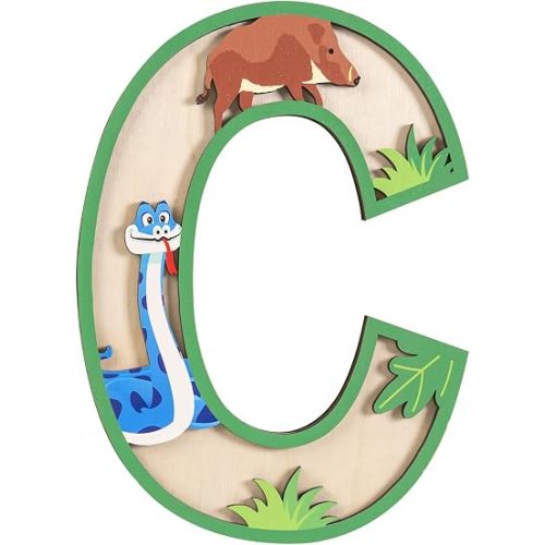 3D Layered Safari Nursery Wooden Letters for Wall Decor, 11.8" Green Large Baby Name Sign for Nursery, Animal Wood Alphabet Letter C Kids Room Initials for Front Door Shelf Home Decorations