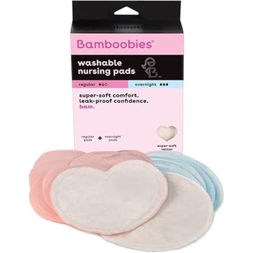 Bamboobies Nursing Pads, Ultra-Soft Velour, Reusable, Washable & Leak-Proof, 6 Ultra-Thin and 2 Overnight Pads for Breastfeeding