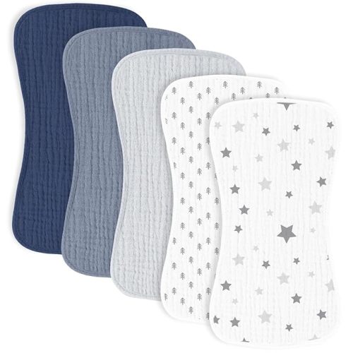 5 Pack Muslin Baby Burp Cloths- Neutral Muslin Burping Cloths for Baby Boys Girls and Newborn Towel, Unisex- Large Absorbent Burp Cloths-20x10 Inches - Navy Blue