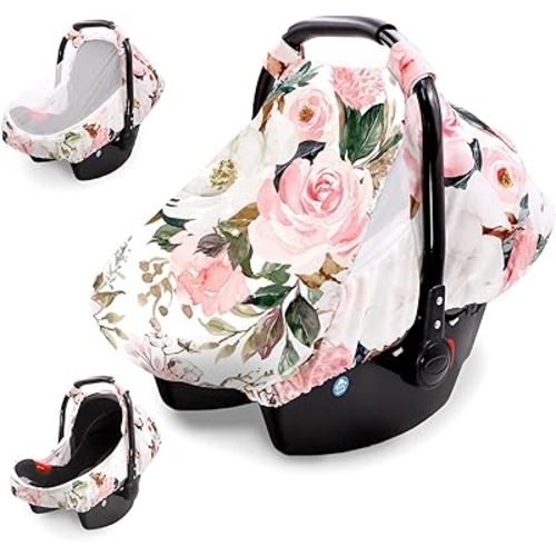 Car Seat Covers for Babies Girl Boy, Cozy Sun & Bug Cover, Infant Carseat Canopy Newborn Stroller Carrier Cover with Breathable Zipper Peep Window, Watercolor Pink Flower