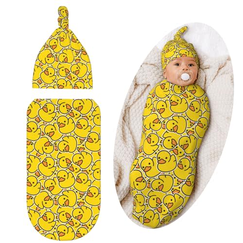 Cute Rubber Duck Baby Stuff Newborn Swaddle Blankets Soft Swaddle Sack Swaddling Blanket with Hat Sets Gifts for Infant Boys Girls