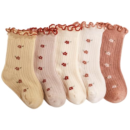 Eimmabey Baby Girls Toddler Socks Organic Cotton Socks Floral Pattern with Non-Skid Gripper for Fall Spring and Summer