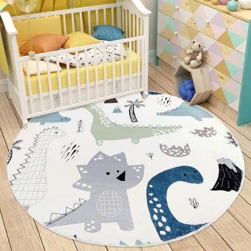 Lacomfy Kids Rug 5Ft Round Dinosaur Rug for Boys Bedroom Circle Nursery Play Mat Animal Playroom Carpet for Children Boys Girls Cars Toys Mat Nonslip Jungle Rug for Classroom Decor