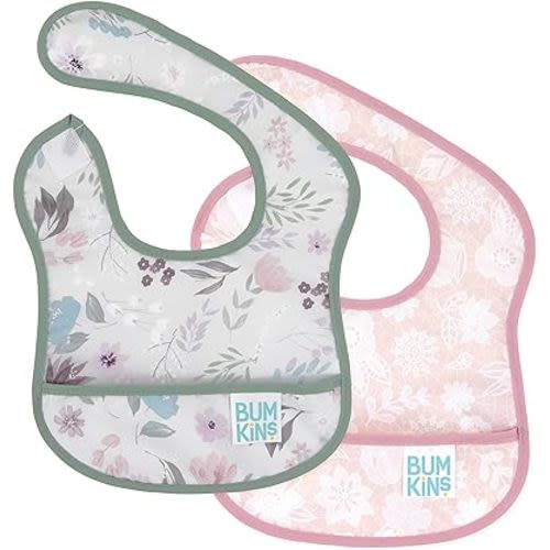Bumkins Bibs, for Baby Girl or Boy, Infant 3-9 Months, Essential Must Have for Eating, Feeding, Baby Led Weaning, Mess Saving Waterproof Soft Fabric, Starter Bib 2-pk Floral and Lace Gray and Pink