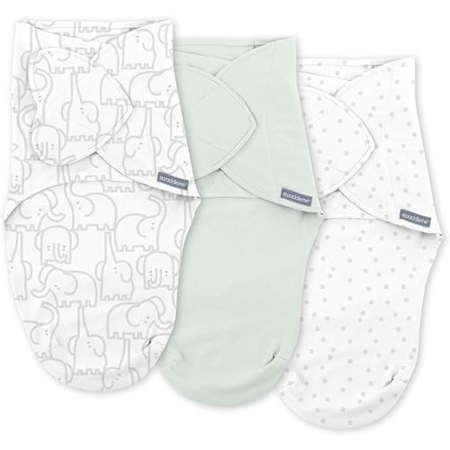 SwaddleMe by Ingenuity Monogram Collection Baby Swaddle, 100% Cotton, Improves Sleep & Calms Startle Reflex, 0-3 Months, Pocket Fold Design for Easy Changes, 1.0 TOG, 3-Pack - Elephant Dance