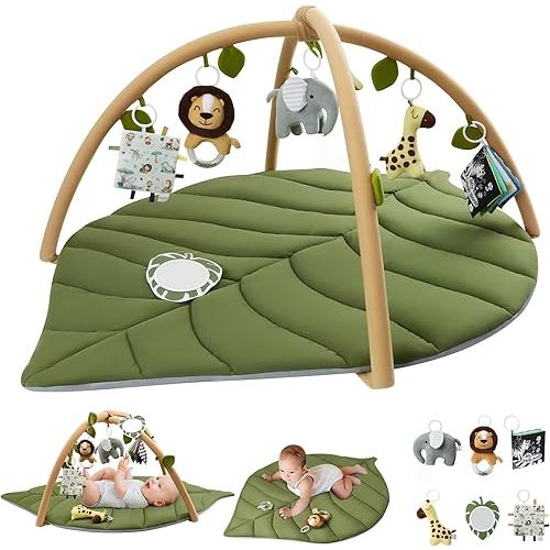 Blissful Diary Baby Play Gym & Activity Mat, Oversize Leaf Shaped Baby Play Mat w 6 Detachable Toys, Tummy Time Mat Promote Motor Skills & Sensory Development Mat, Newborn Infant Baby Essentials Gift