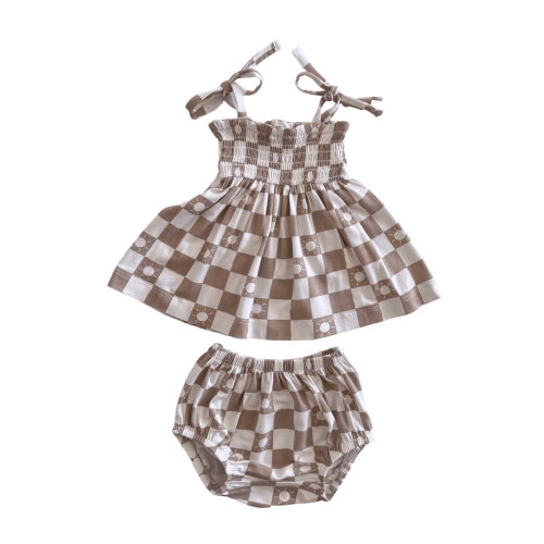 Smocked Set, Tan Sun Checkerboard