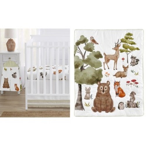 Sweet Jojo Designs Gender Neutral Unisex Baby Crib Bedding Set - Watercolor Woodland Forest Animals Green Brown White 4pc