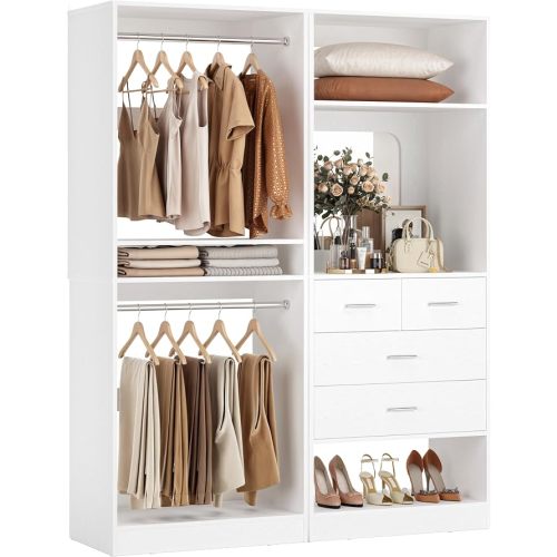 Unikito 50” Closet System with 4 Drawers, 4.2FT Wood Closet Organizer with Hanging Rods and Mirror, Reversible Small Walk in Closet Wardrobe, Adjustable Sturdy Clothes Garment Rack, Set of 2, White