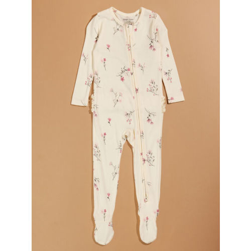 Sadie Floral Ruffle Footie in Beige | Tullabee
