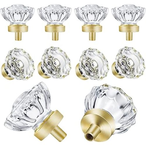 8 Pack Satin Brass Knobs for Cabinet, Crystal Gold Cabinet Knobs Vintage, Glass Knobs and Pulls for Dresser Drawer, Kitchen Bathroom