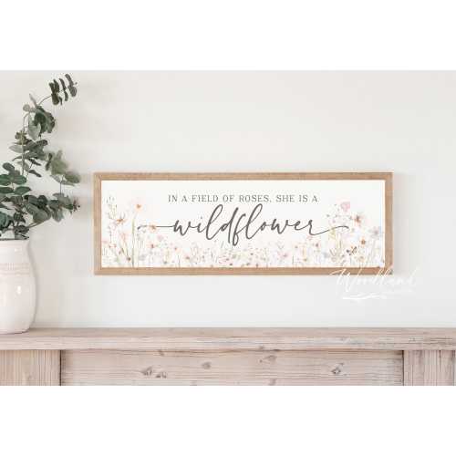 In a Field of Roses, She Is a Wildflower Framed Sign, Girls Room Decor, Nursery Wall Art, Pink Wildflowers Vintage Floral Nursery Room Sign