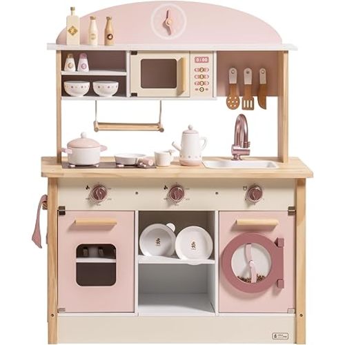 ROBUD Play Kitchen for Kids Toddlers, Wooden Play Kitchen with Realistic Accessories, Toy Kitchen Set with Plenty of Play Features, Modern Style Toy Kitchen for Girls & Boys, Gift for Ages 3+, Pink