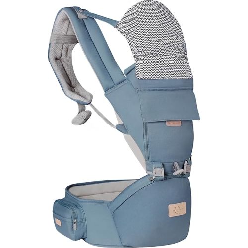 FRUITEAM 6-in-1 Baby Carrier with Waist Stool/Hip Seat for Breastfeeding, One Size Fits All - Adapt to Newborn, Infant & Toddler (Haze Blue)