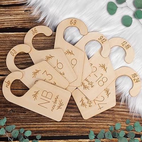 Baby Closet Dividers for Clothes Organizer - Set of 7 Adorable Wooden Double-Sided Baby Clothes Size Hanger Organizer from Newborn to 24 Months for Nursery Beautiful Decor