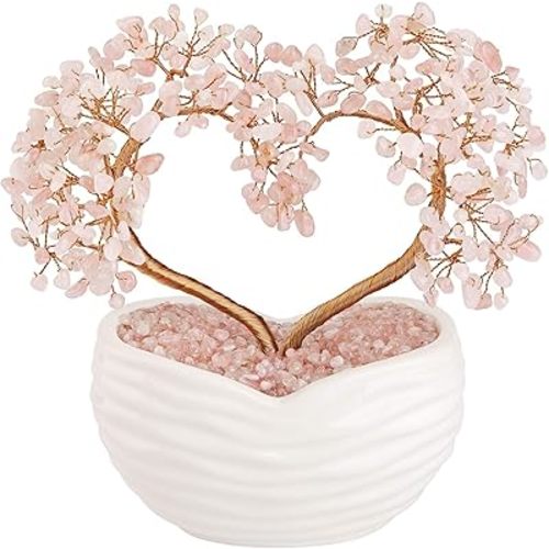 Jovivi Rose Quartz Crystal Heart Money Tree Healing Gemstone Bonsai Tree for Wedding Ceremony Reiki Balancing Energy Meditation Feng Shui Wealth & Good Luck Home Indoor Office Decor 7.87"-8.26"