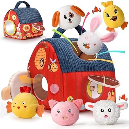 Baby Toys 6-12 Months - Soft Barn Playset with Stuffed Farm Animals, Rattle, Crinkle Paper, Mirror - Montessori Toys for 6 9 12 Months Old Babies, Sensory Balls Toddlers 1-3, 1 Year Old Boy Girl Gifts