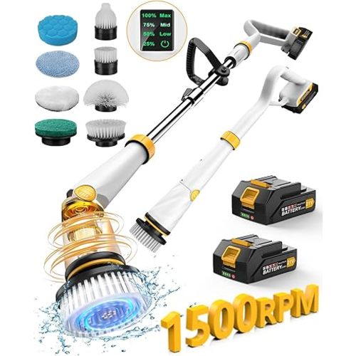 Qimedo Electric Spin Scrubber with Two Batteries Q2 Pro,1500 RPM High Power Electric Scrubber for Cleaning,Shower Cordless Cleaning Brush with Display for Tub/Tile/Floor (Effortless Handle/8 Brushes)