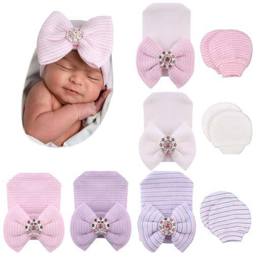 BQUBO Newborn Baby Caps Mittens for Baby Girls Baby Hats Scratch Mitten Gloves Set Soft Hospital Hat Infant Hats with Bow