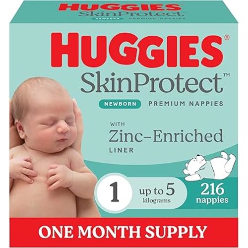 Huggies Skin Protect Newborn Nappies Size 1 (up to 5kg) 216 Count - One Month Supply (Packaging May Vary)