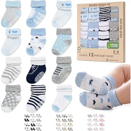 GOTS Certified Organic Cotton Rich Blend Baby Socks 12 Pairs For 0-6 (M) Baby Boy Soft, Stretchable & Breathable Infant Socks, Cute Little Newborn Socks, Baby Registry Essential, Blue